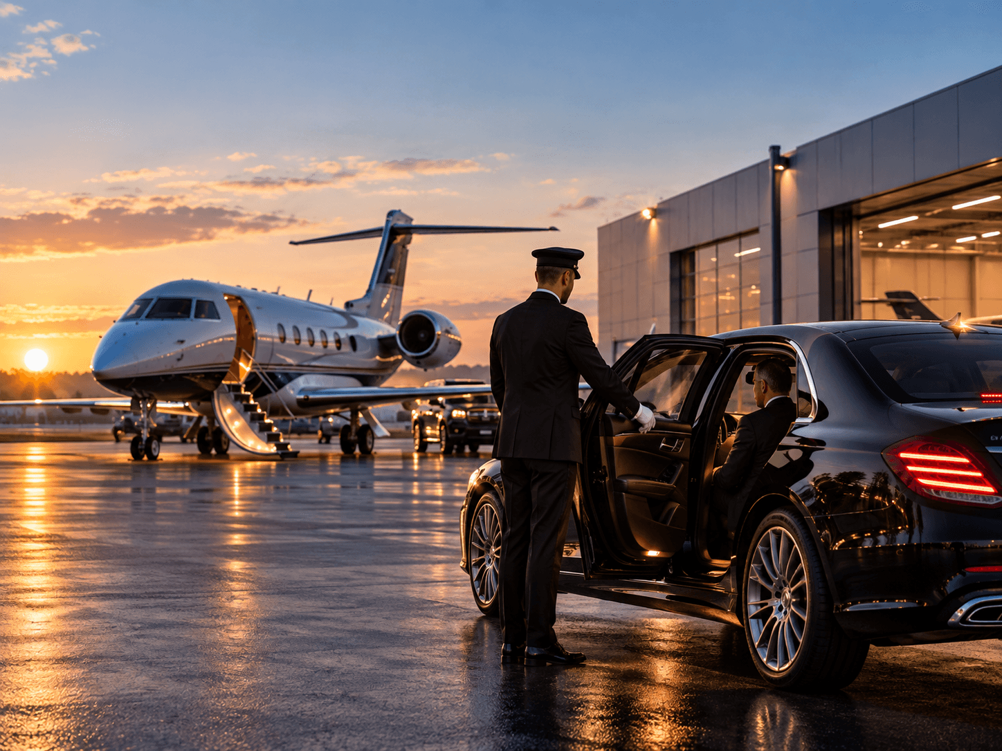 Professional chauffeur ready for private aviation transfer at Teterboro Airport